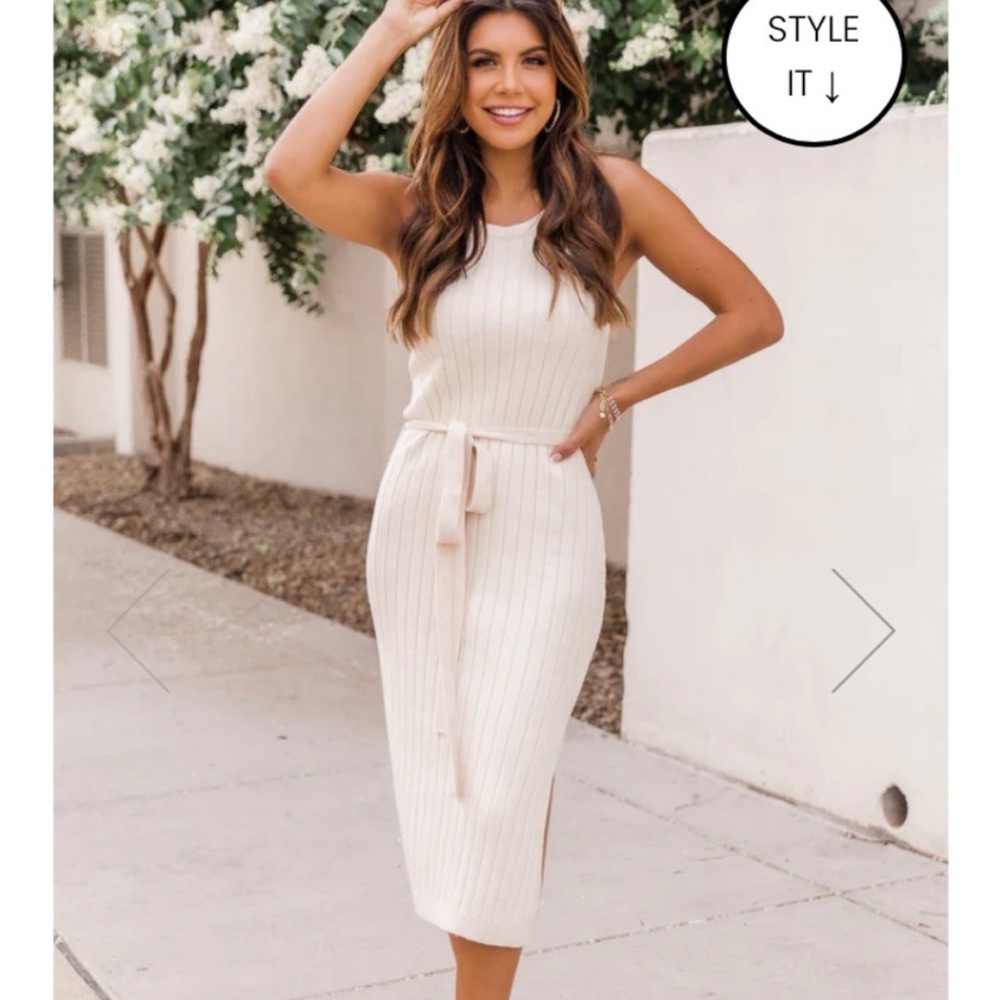 Pink lily tan ribbed knit midi dress